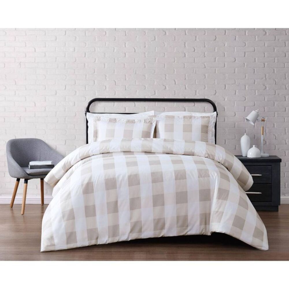 Truly Soft Everyday Twin Extra Long Buffalo Plaid Duvet Cover Set Khaki/White
